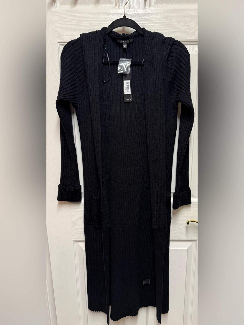 Cyrus NWT Black Ribbed Hooded Longline Duster Cardigan Sweater S